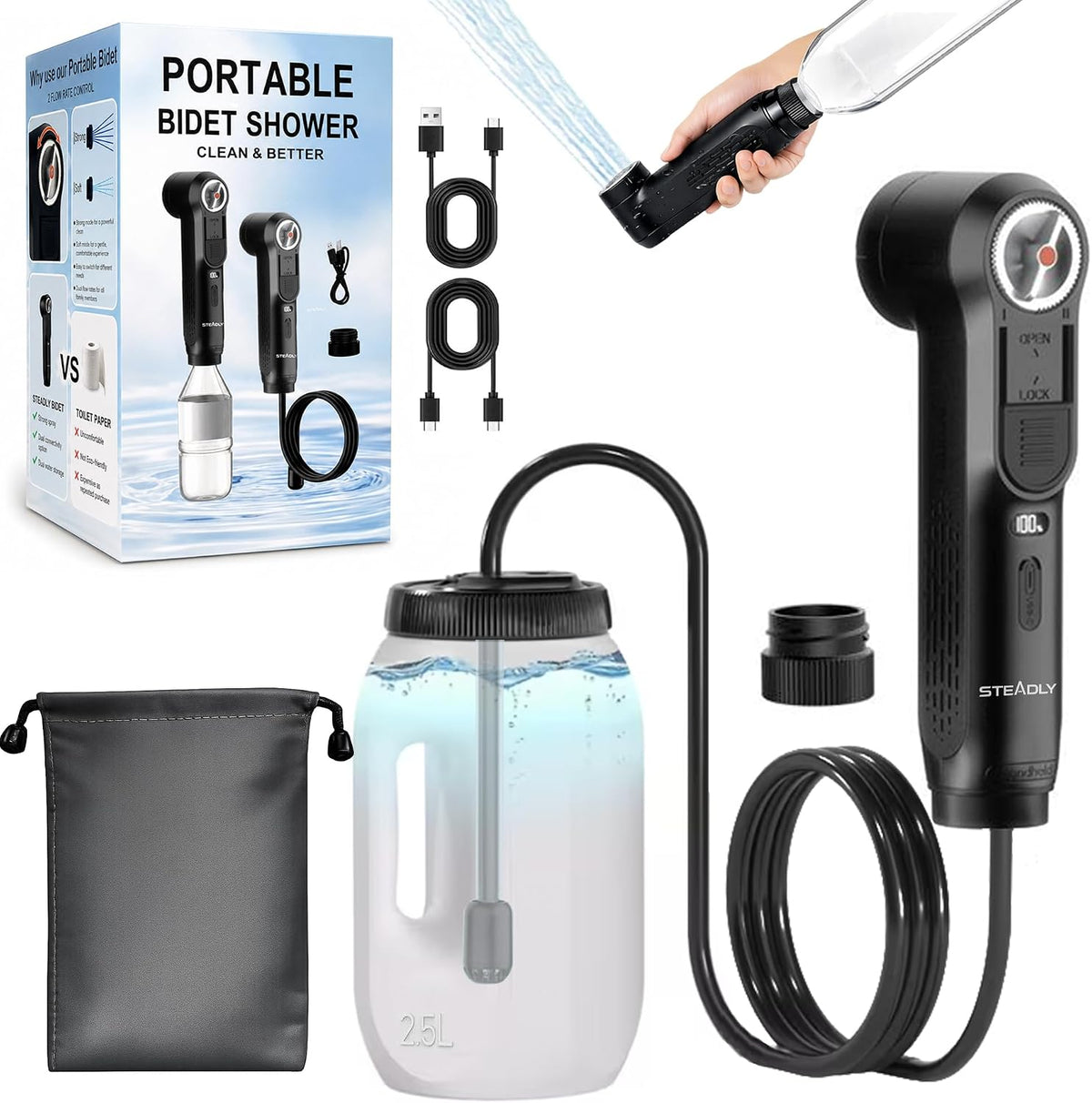 Portable Bidet for Travel – 1600mAh Rechargeable Electric Handheld Bidet Sprayer with Adjustable Water Pressure, IPX6 Waterproof Personal Bidet Bottle, USB-C Charging, Retractable Nozzle
